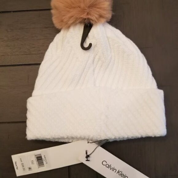 Calvin Klein Chunky Rib Knit Pom Beanie - Cream